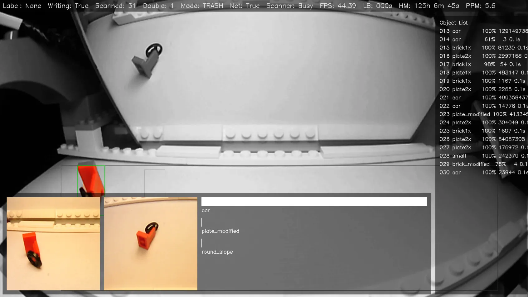 Screenshot of Sorting Machine HMI with a car part detected and classified
